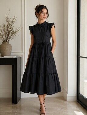 Women’s Chepe Italy Ruffle Neck Tiered Black Dress, M, 100% Cotton